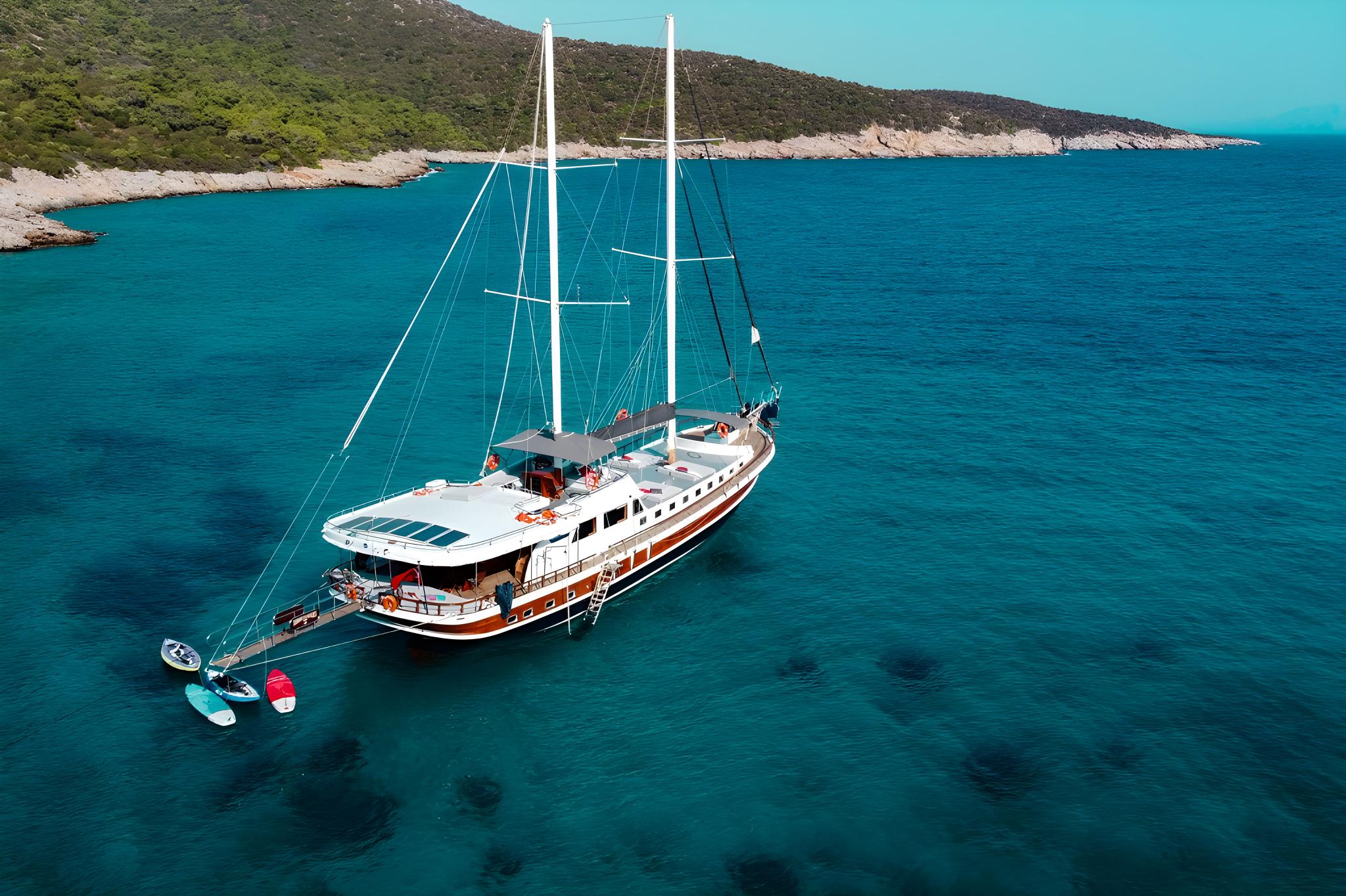 Bodrum Queen gulet aerial view in Türkiye