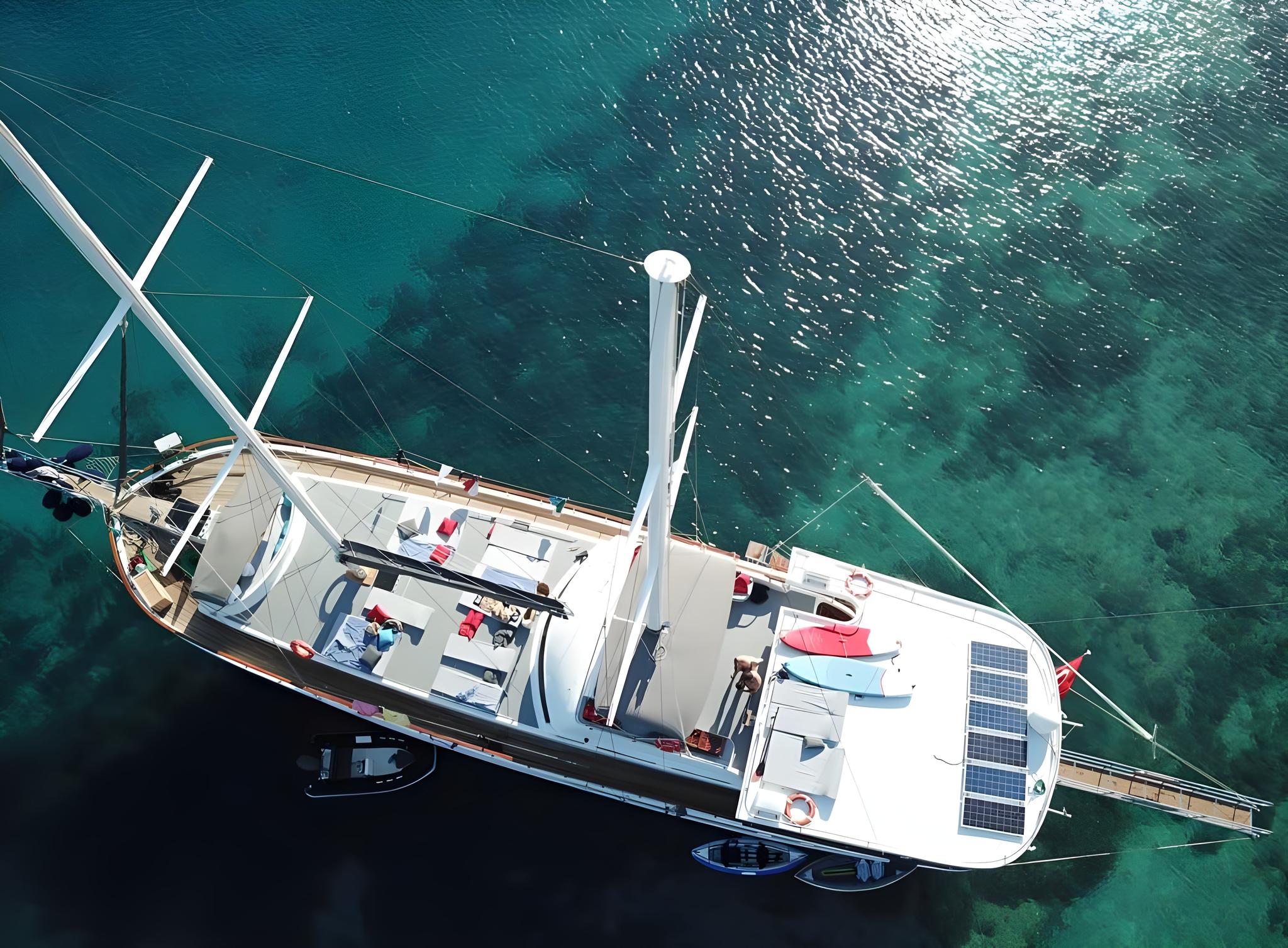 Bodrum Queen gulet aerial view in Türkiye