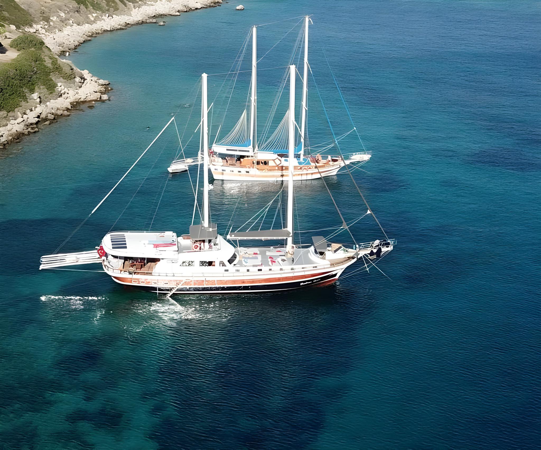 Bodrum Queen gulet aerial view in Türkiye