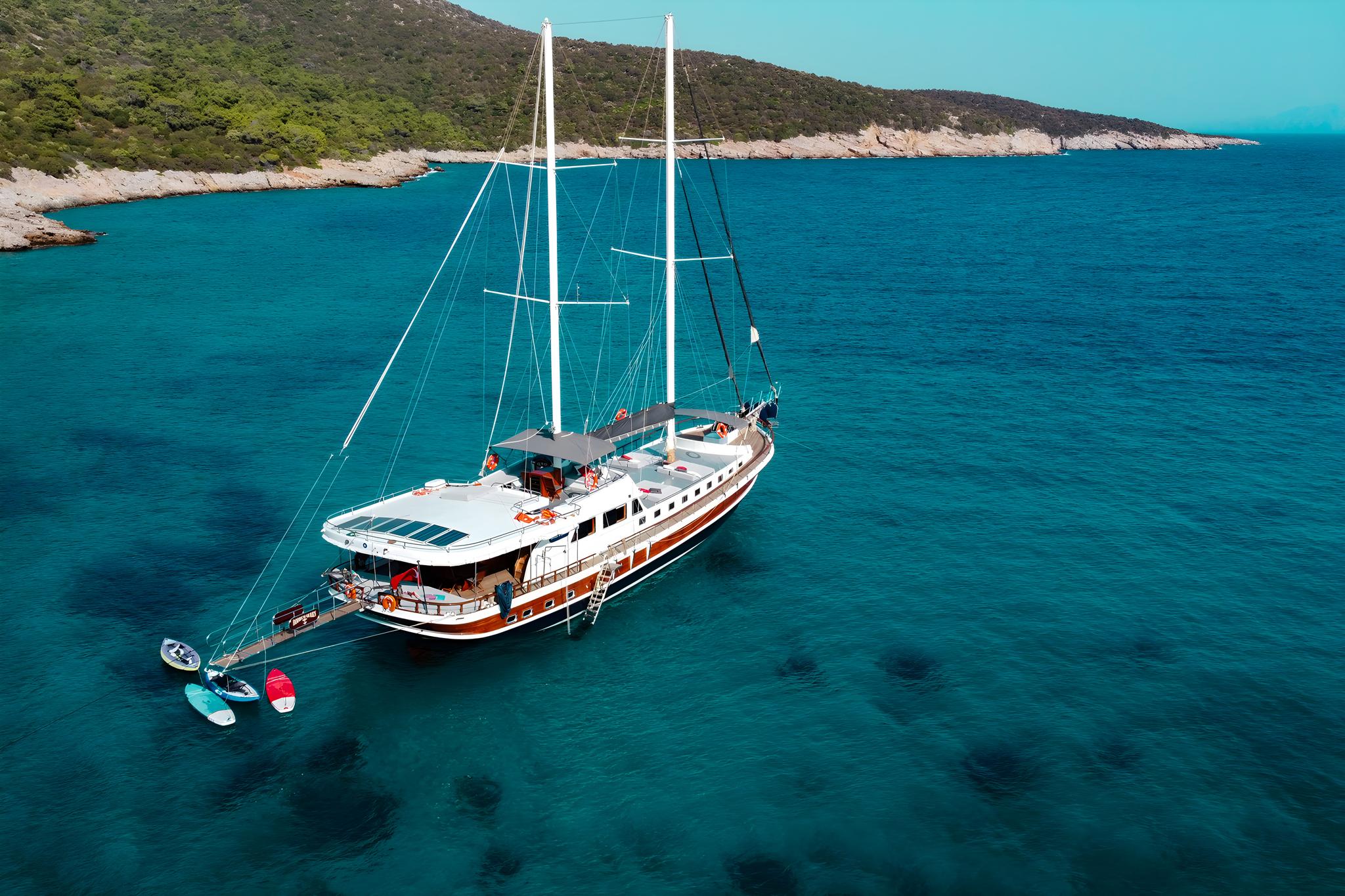 Bodrum Queen gulet aerial view in Türkiye