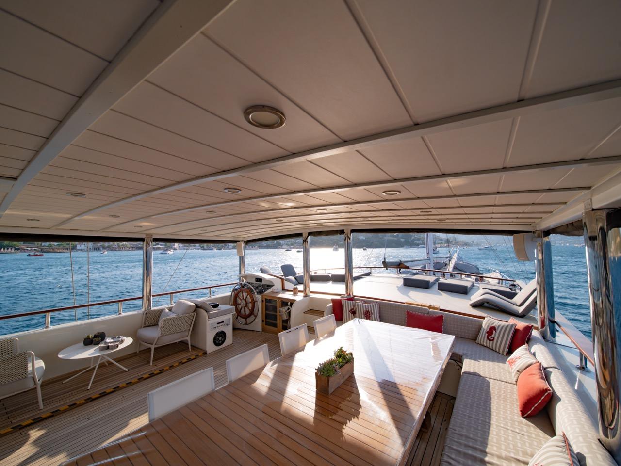 yacht covered aft deck with white dining table, built-in seating with red cushions and helm station