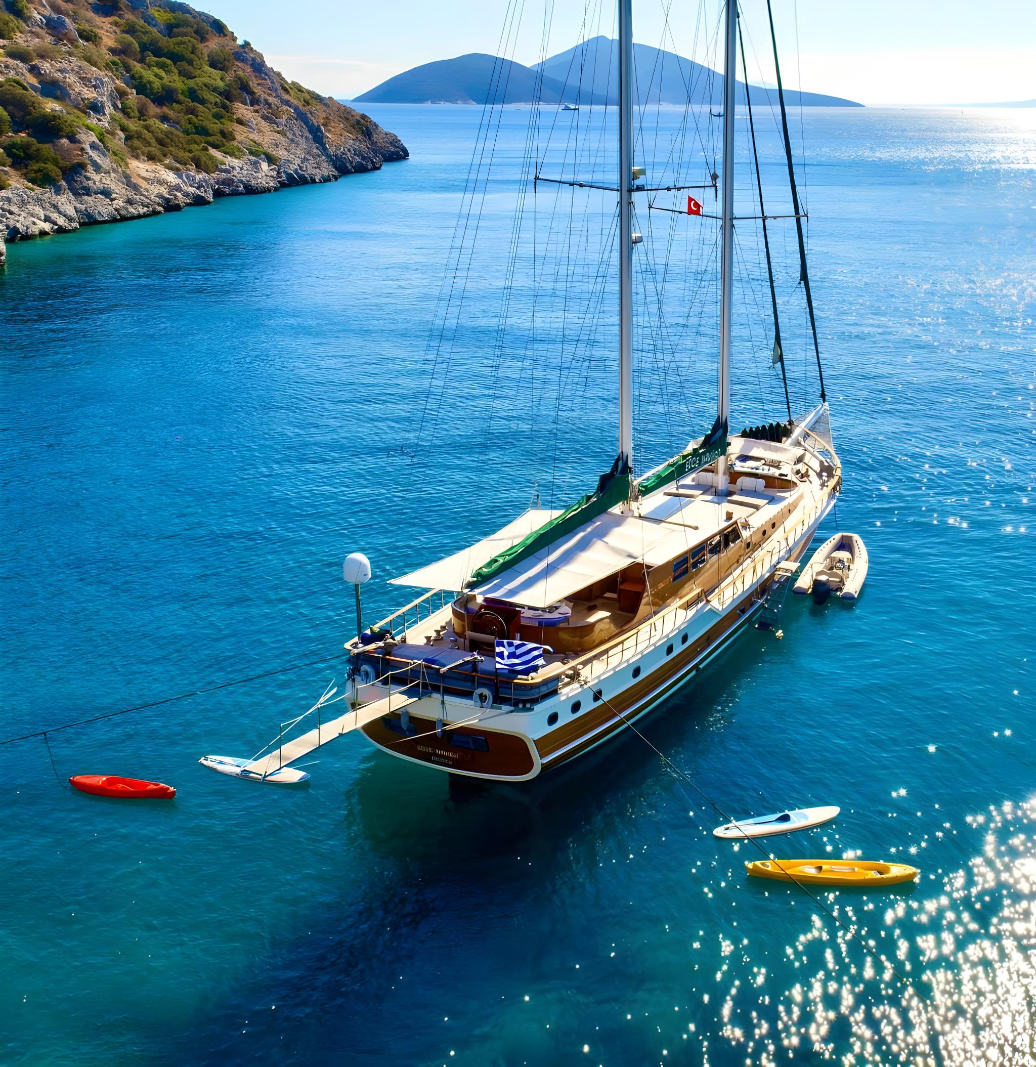 traditional wooden gulet anchored in turquoise bay with kayaks, tender and water toys