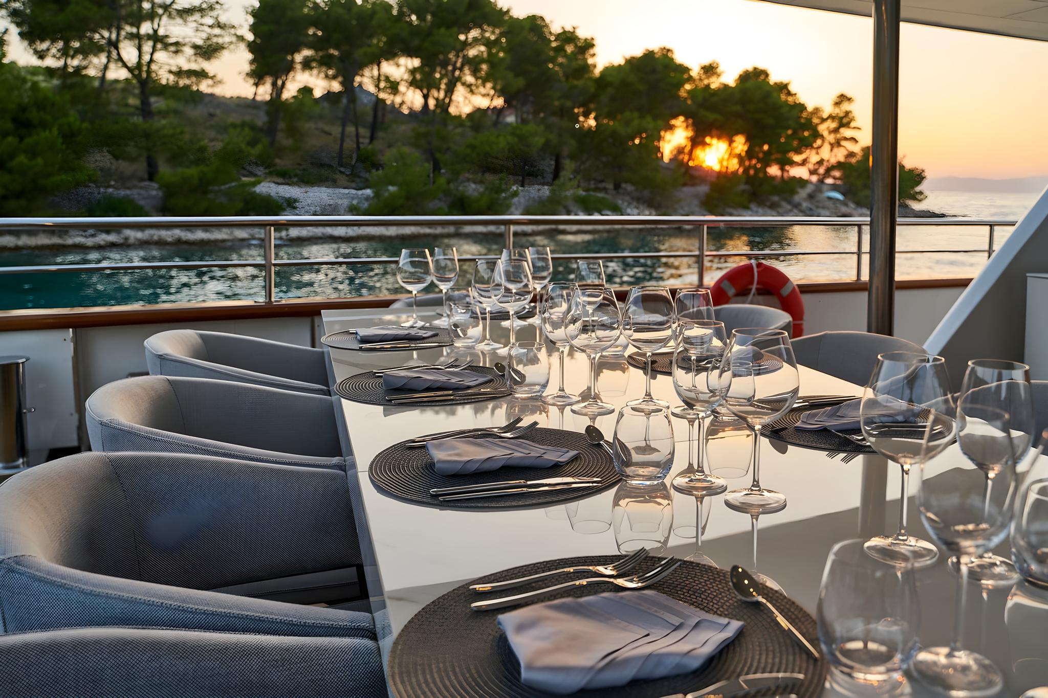 Luxury yacht aft deck dining table set for dinner with sunset view