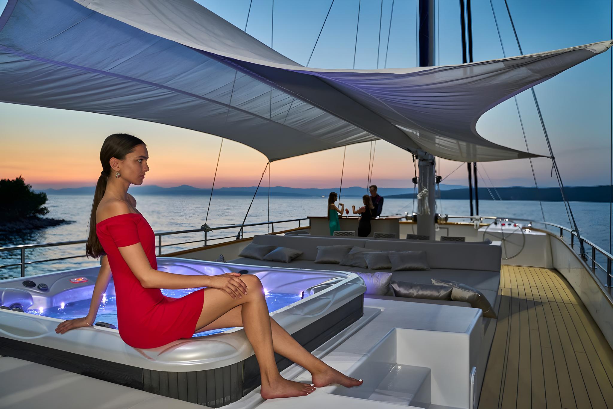 luxury yacht jacuzzi with blue LED lighting at sunset
