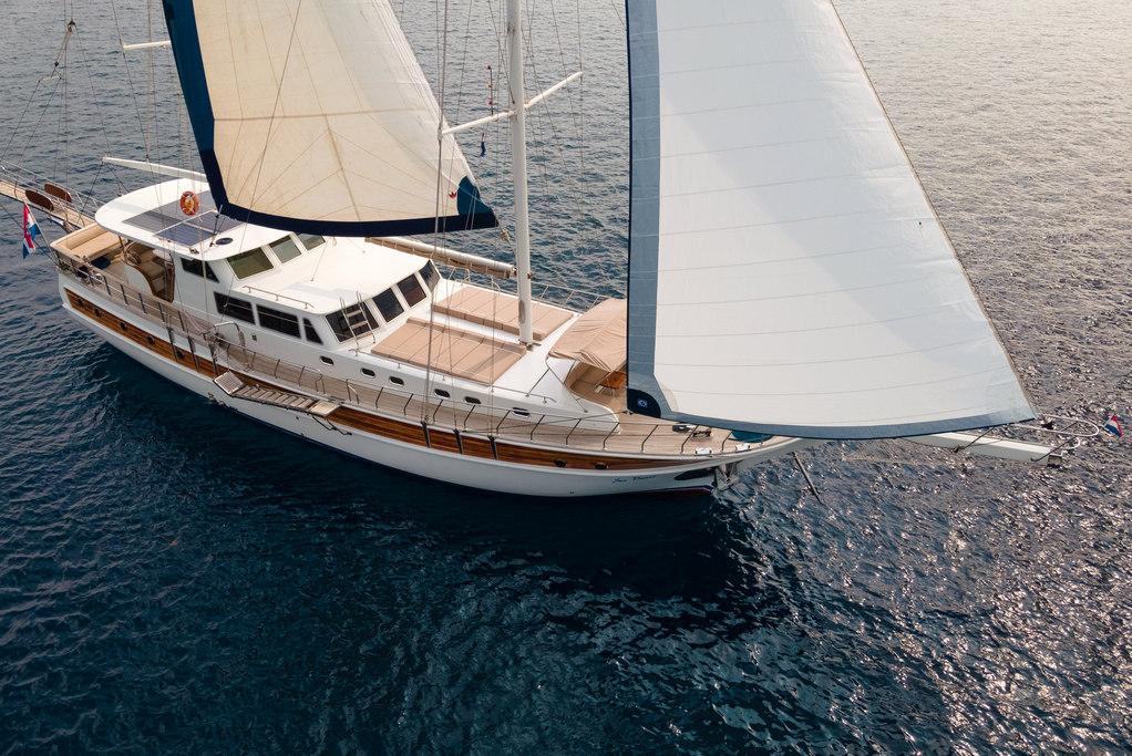 Aerial view of luxury white sailing yacht with blue-trimmed sails on blue water