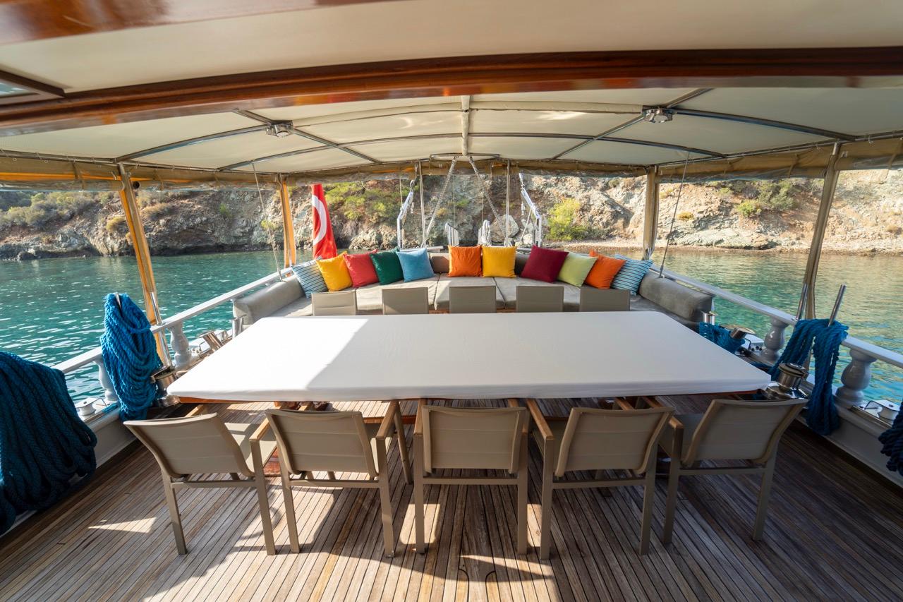 aft deck dining area with white table, cream chairs and colorful cushioned seating under canopy