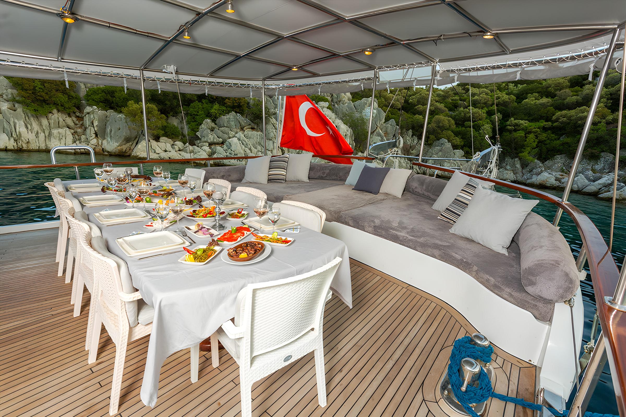 Gulet aft deck dining table set with mezze dishes and wine glasses under canopy with Turkish flag