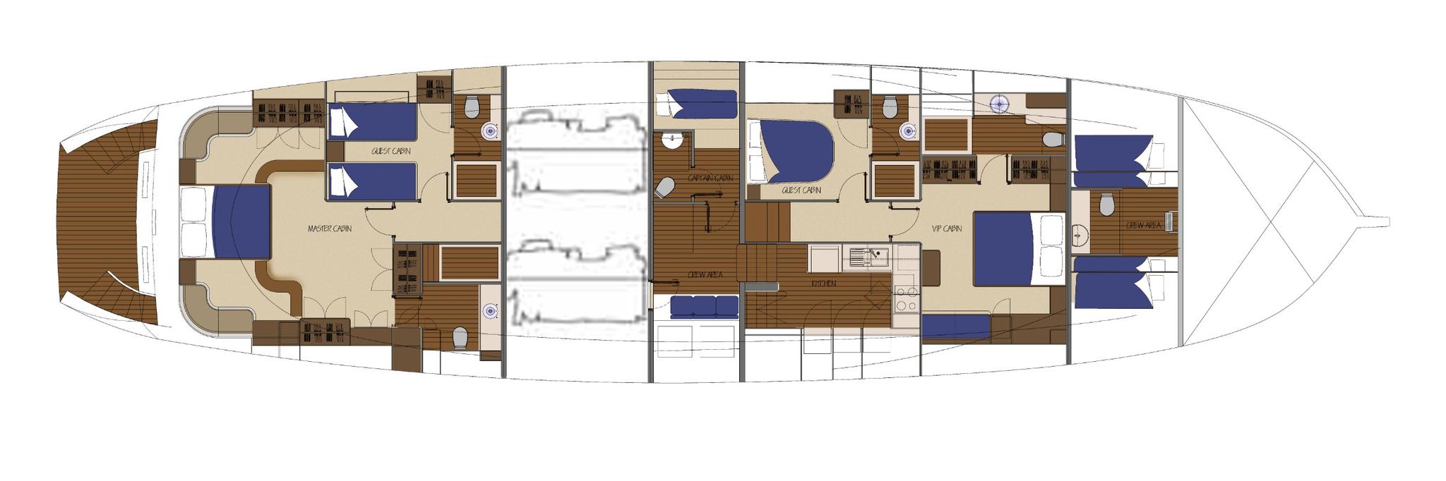 yacht floor plan showing master cabin, guest cabins, VIP cabin and interior layout