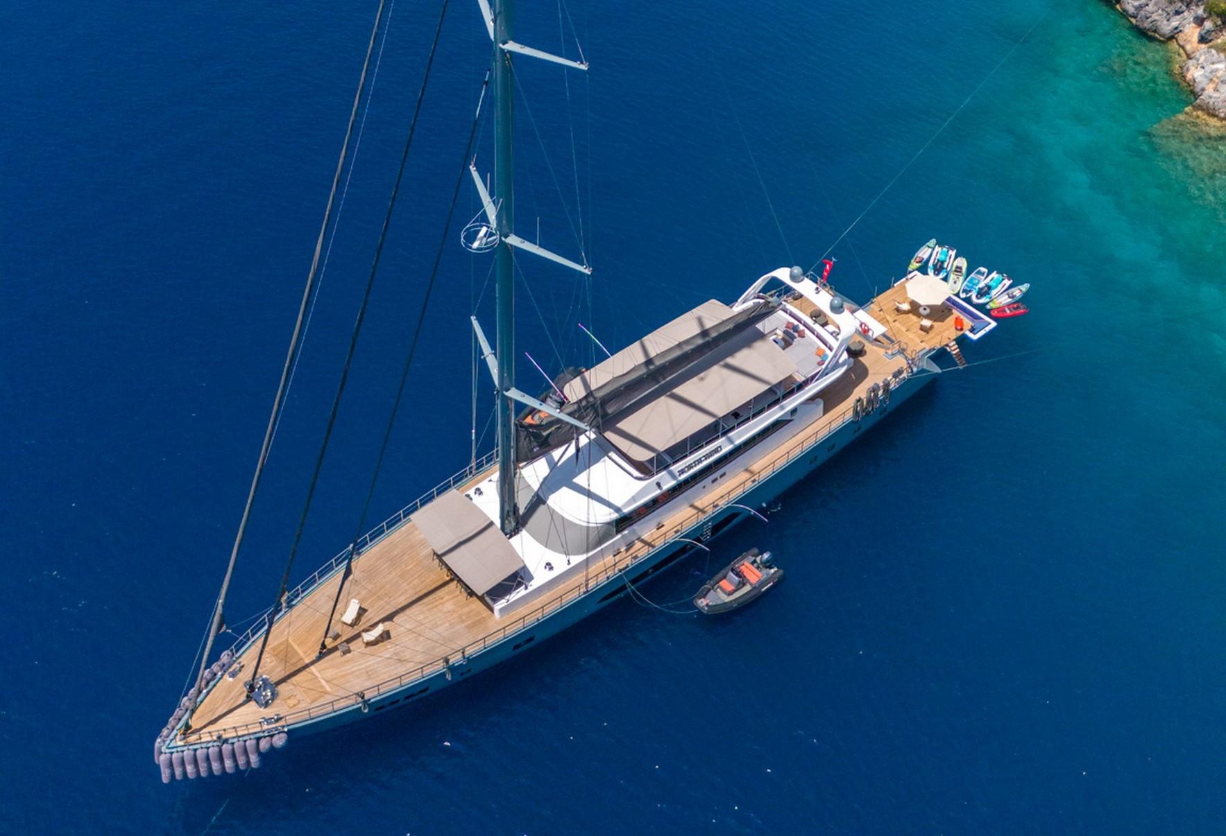 aerial view of large sailing yacht with two masts anchored in deep blue Mediterranean waters