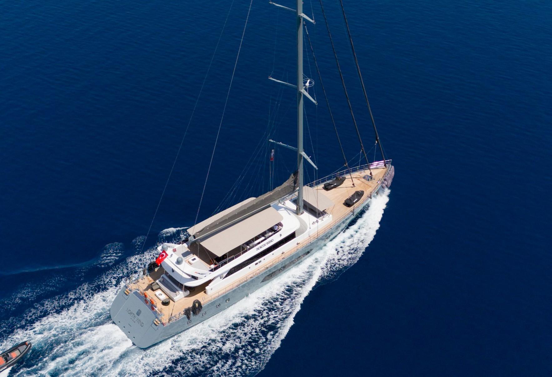 aerial view of luxury sailing yacht with two masts underway creating white wake in deep blue water