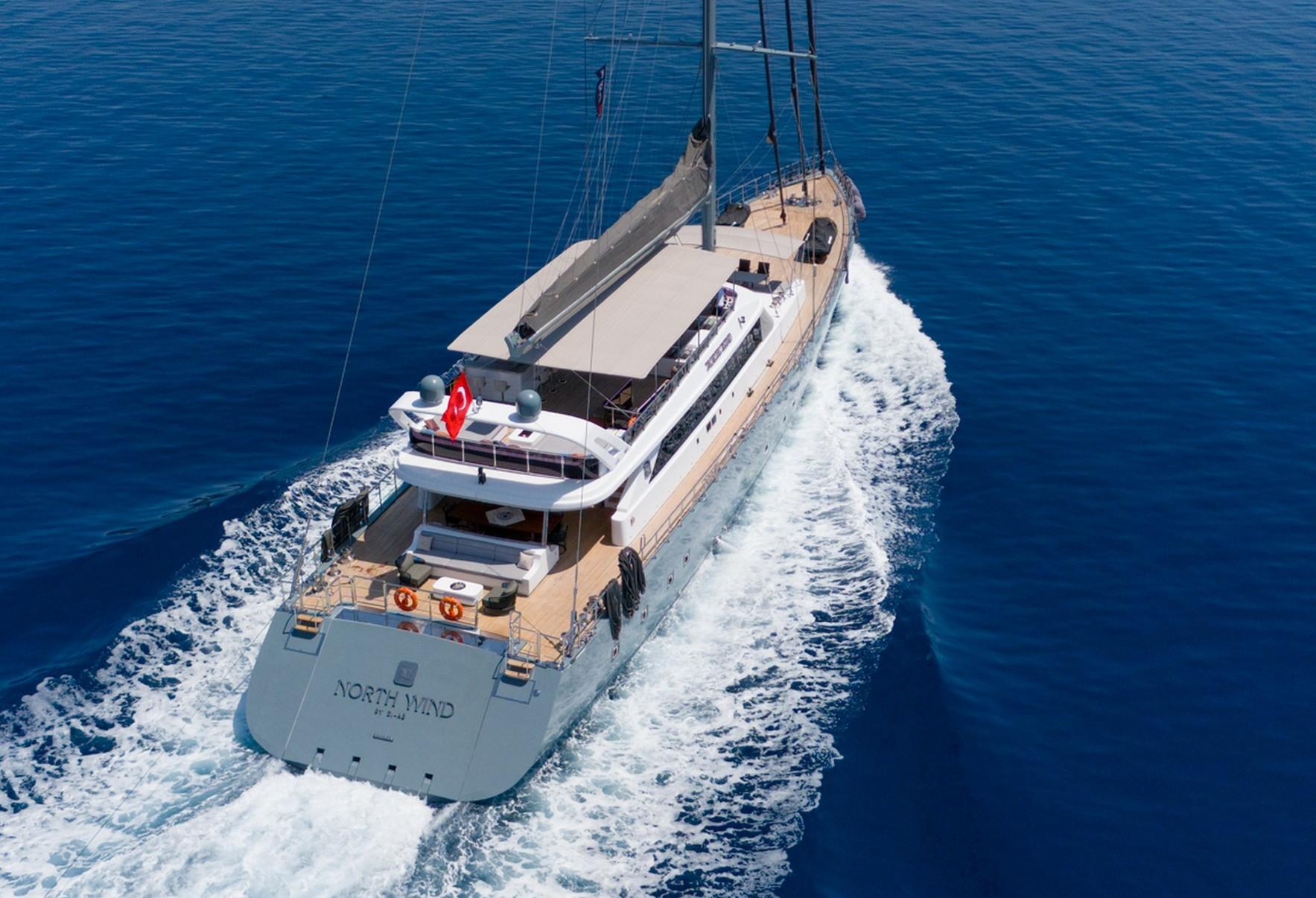aerial view of sailing yacht North Wind underway with white wake trail in blue water