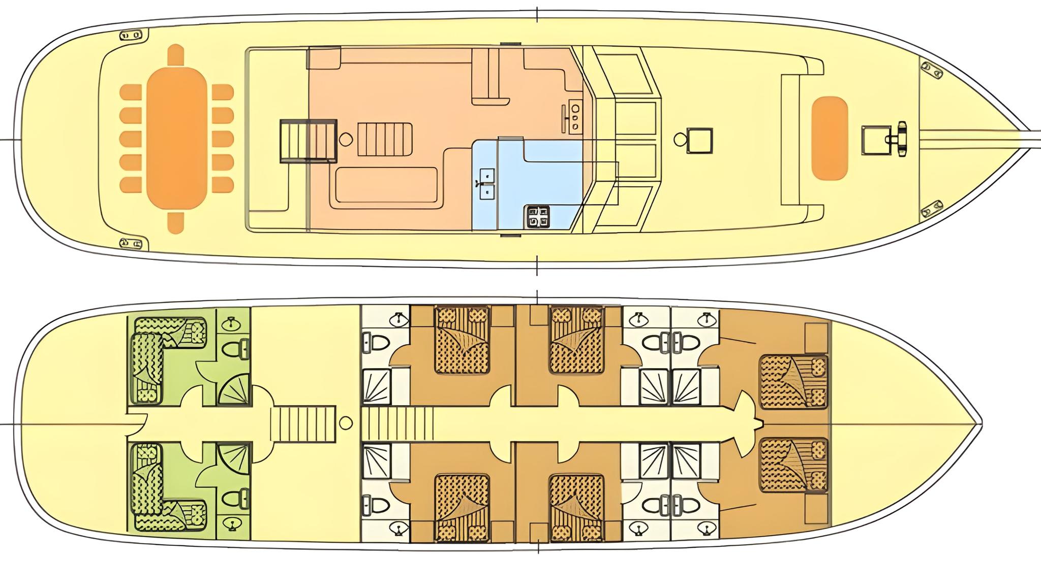 yacht deck plans displaying multiple guest cabins with beds and bathroom layouts