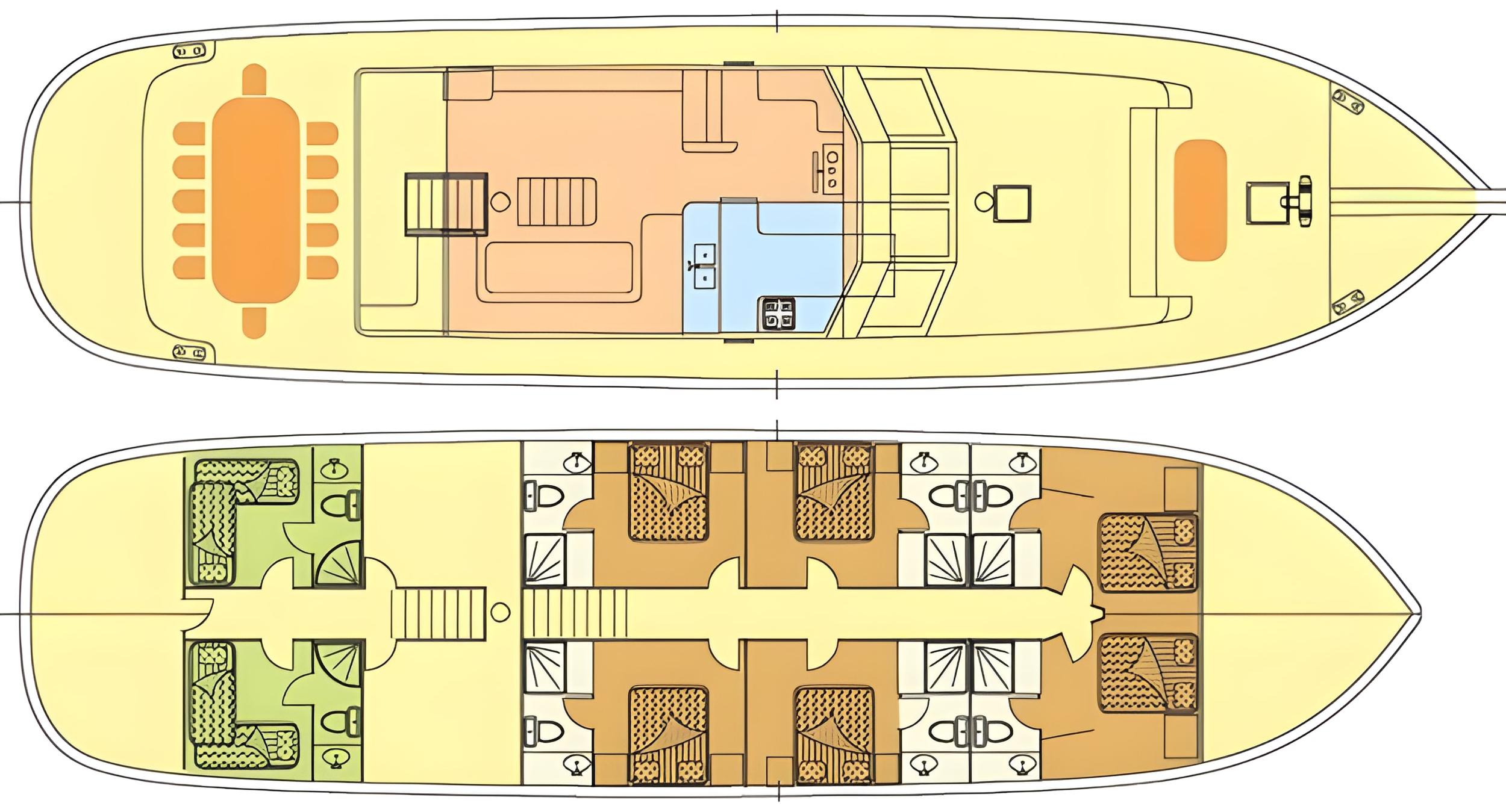 yacht deck plans displaying multiple guest cabins with beds and bathroom layouts
