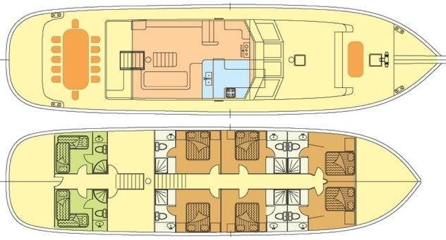 yacht deck plans displaying multiple guest cabins with beds and bathroom layouts