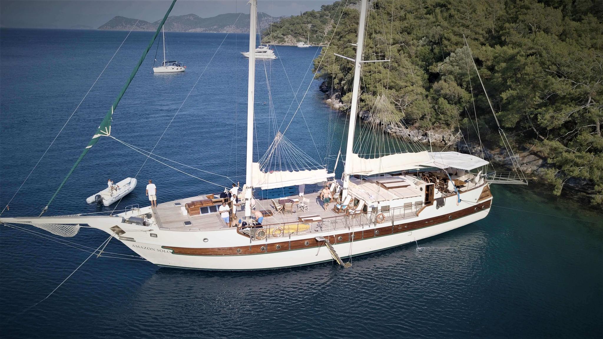 aerial view of traditional white gulet yacht anchored in turquoise bay with forested coastline