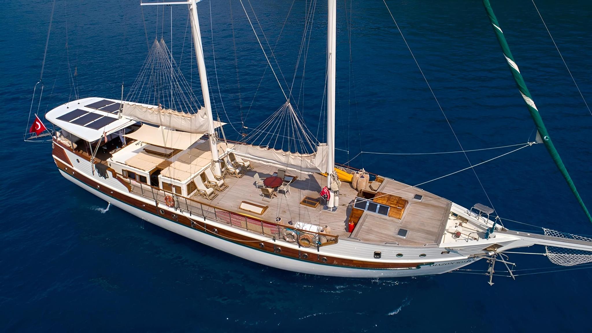 aerial drone shot of white traditional gulet yacht with two masts anchored in deep blue waters