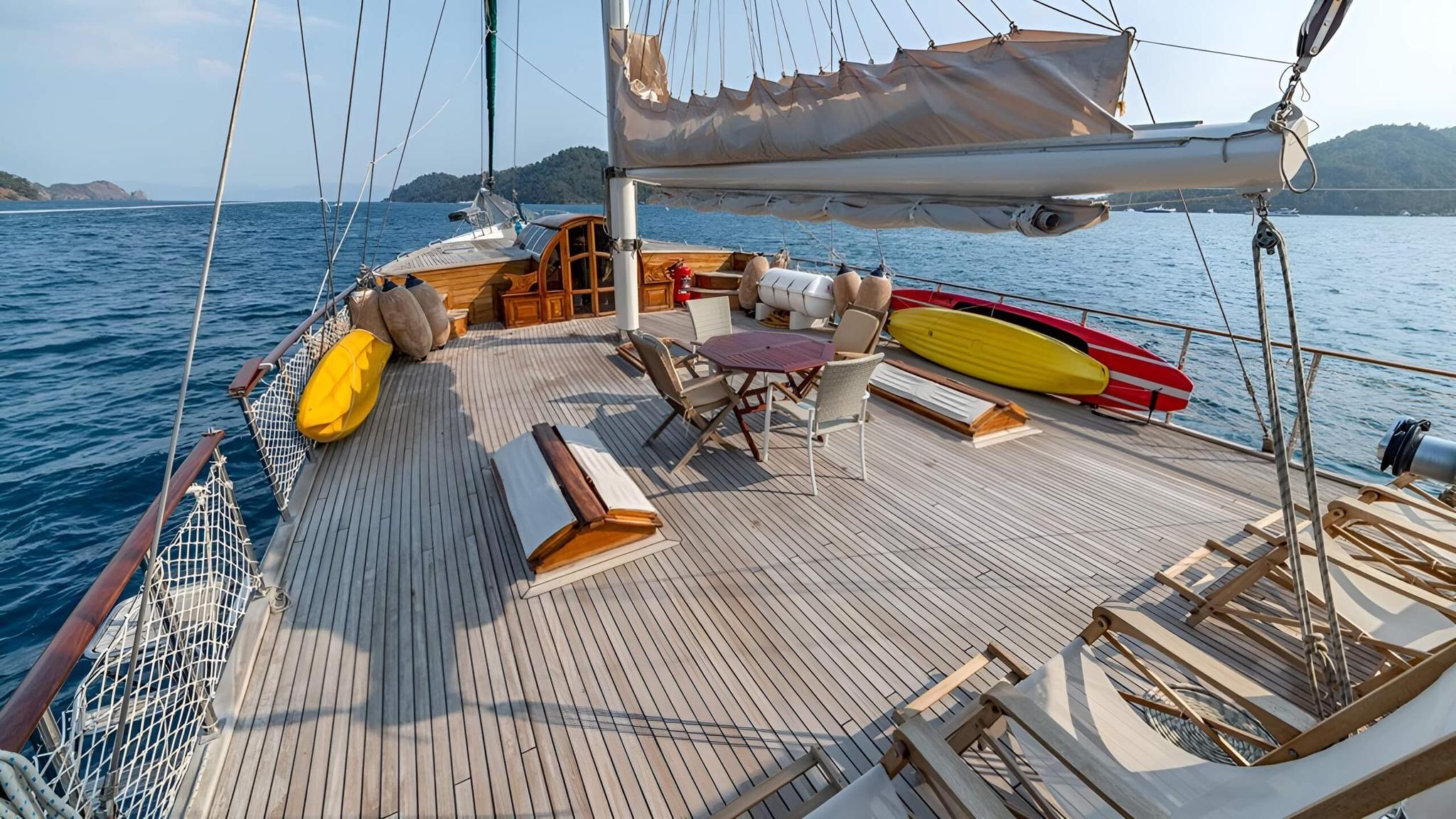 gulet sailing deck with yellow kayak and red canoe water sports equipment