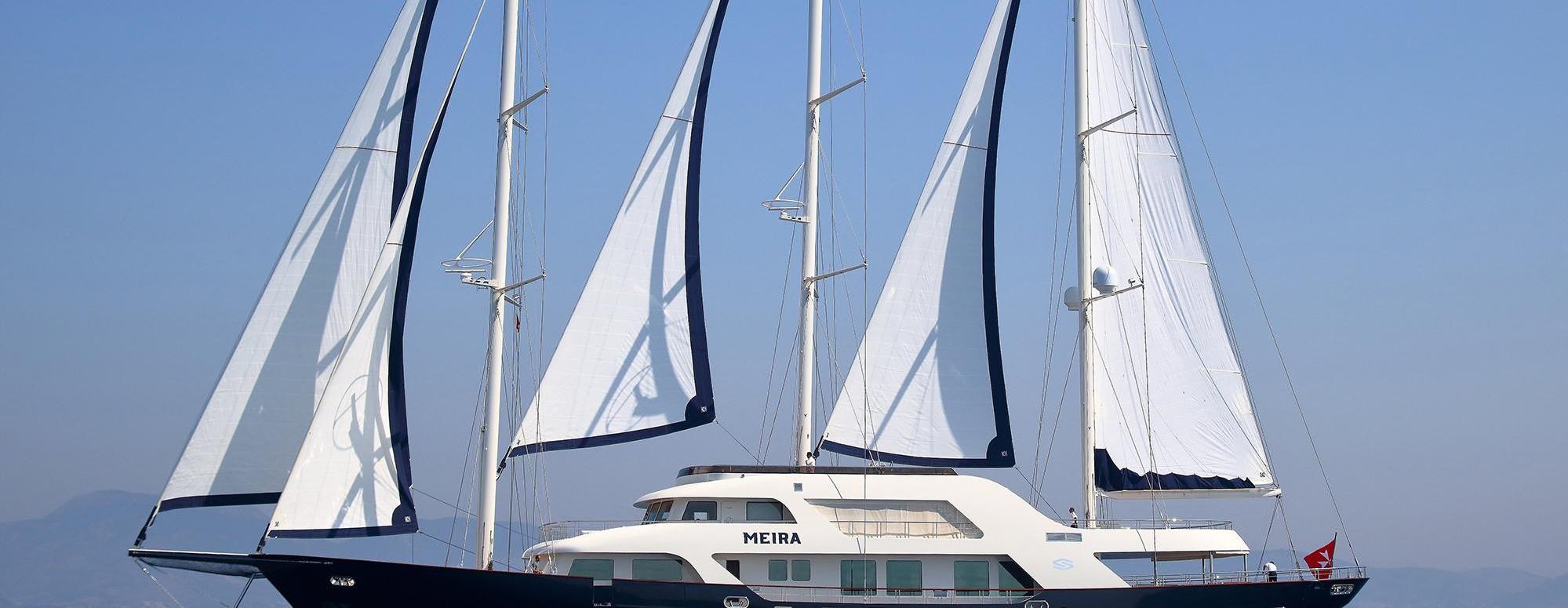 White luxury sailing yacht MEIRA with multiple sails deployed sailing on blue water