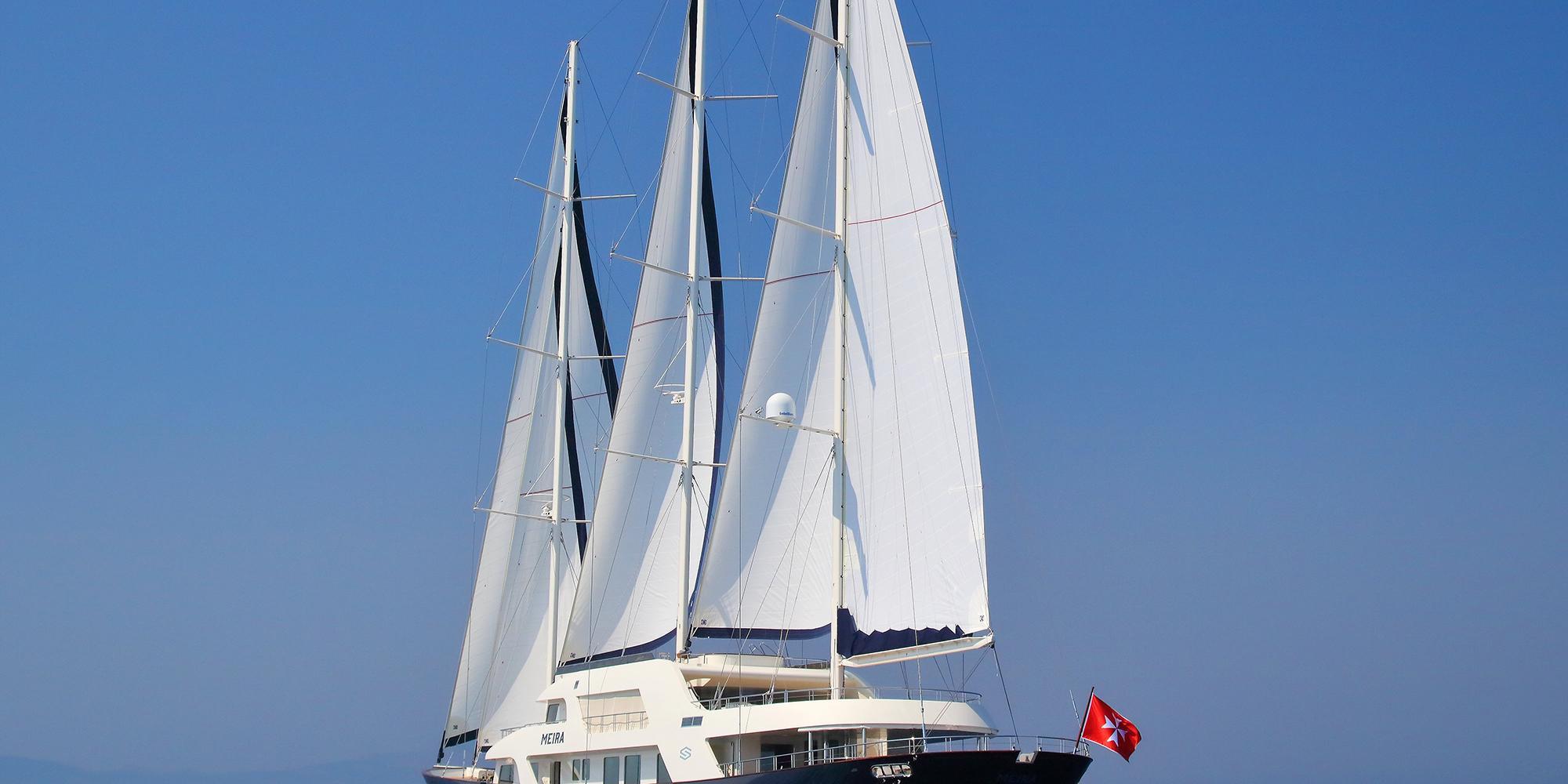 white luxury sailing yacht with three masts and full sails deployed against blue sky