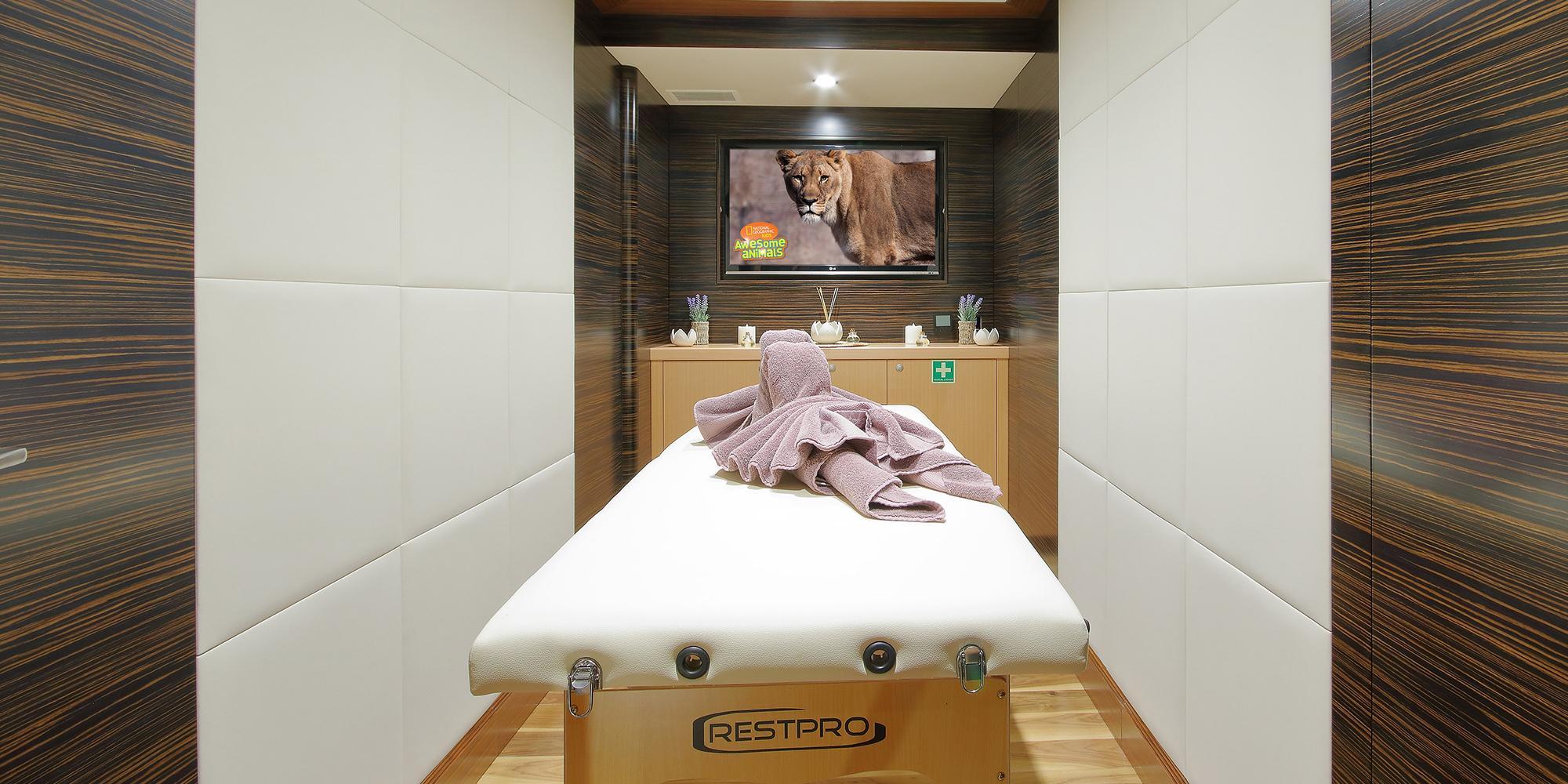 onboard spa treatment room with white massage table, wall-mounted TV showing wildlife documentary, and decorative items