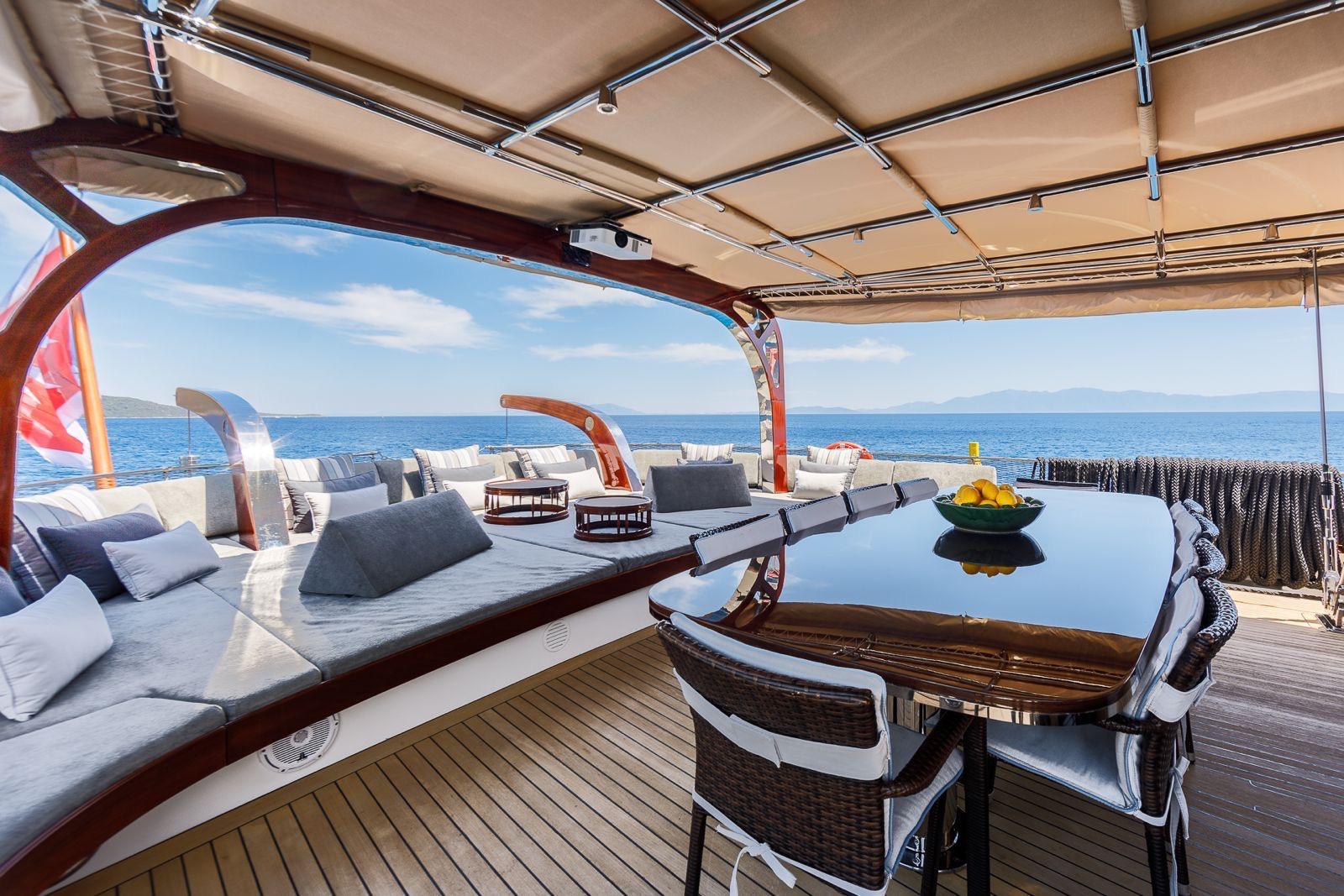 luxury yacht covered aft deck with dining table, built-in seating, and ocean views