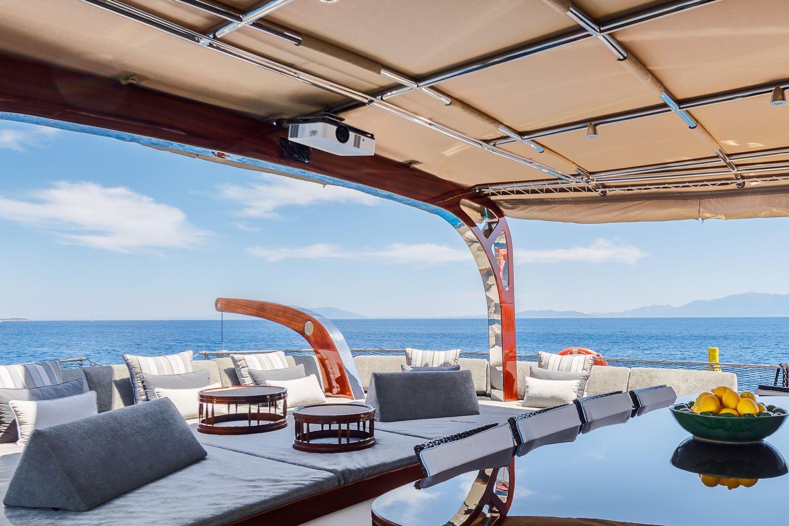 luxury yacht aft deck salon with grey cushioned seating, wooden coffee tables and retractable awning