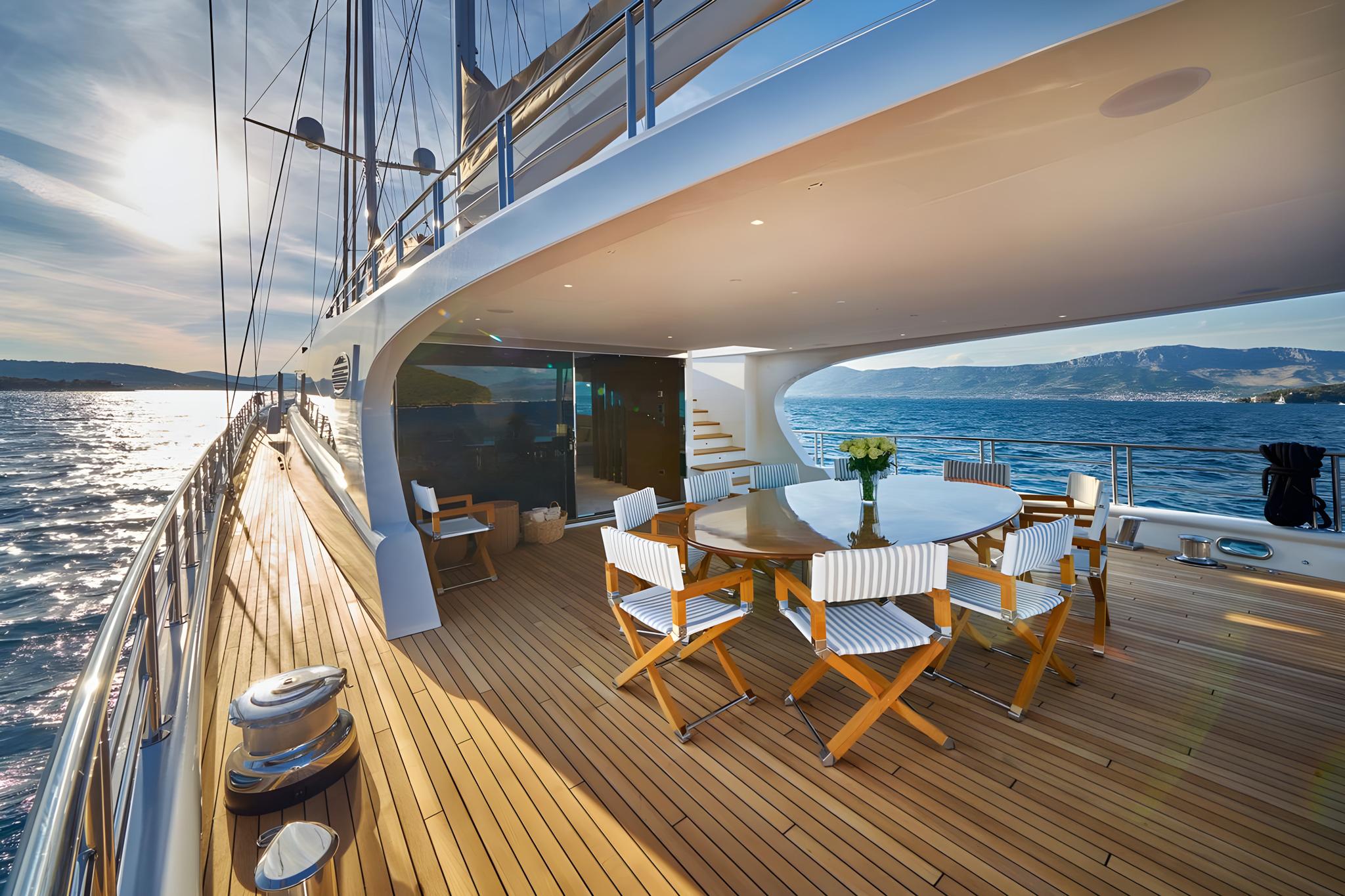 luxury sailing yacht aft deck with outdoor dining table and director chairs