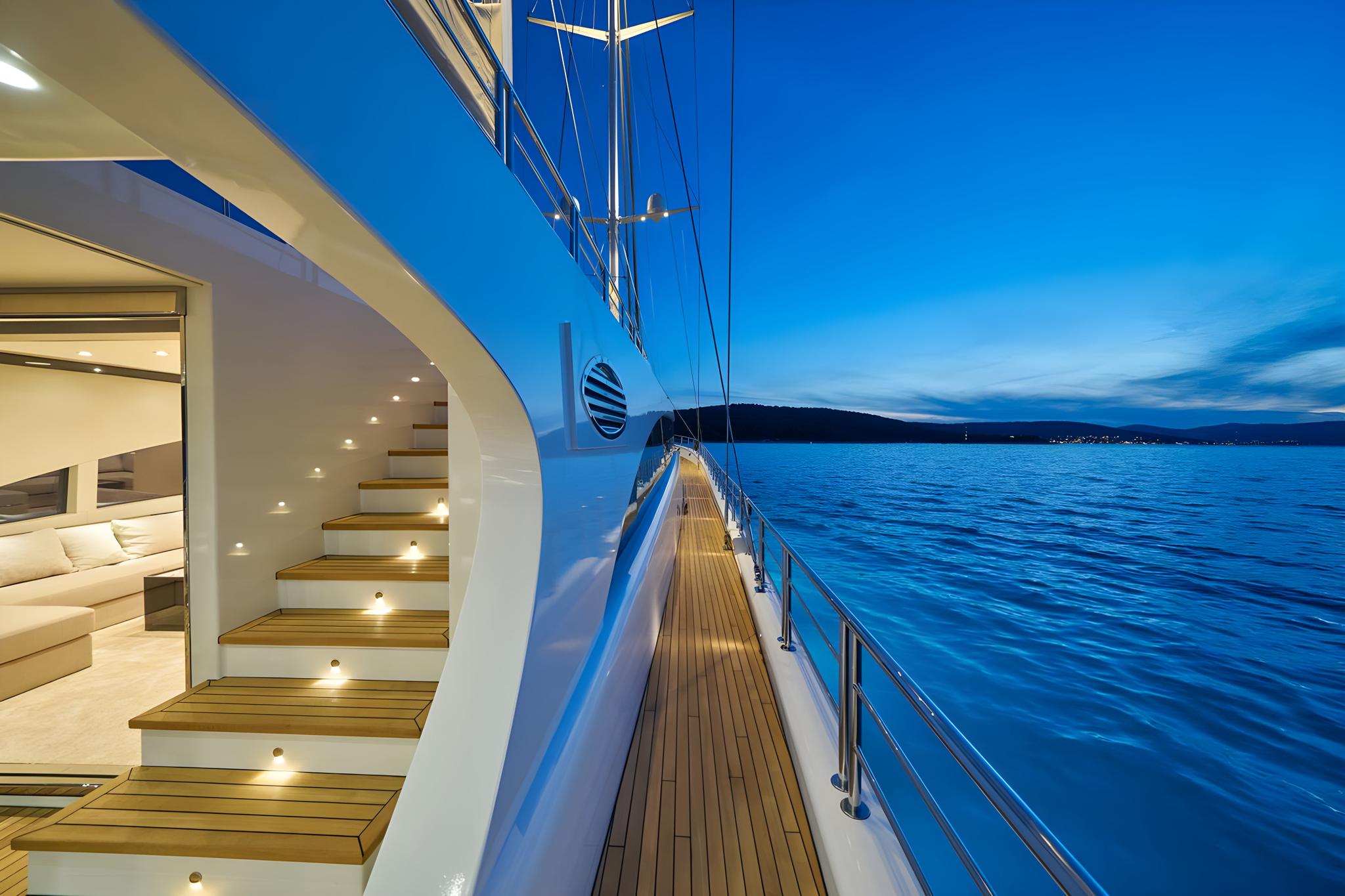 luxury yacht port deck with teak planking and illuminated salon entrance at twilight