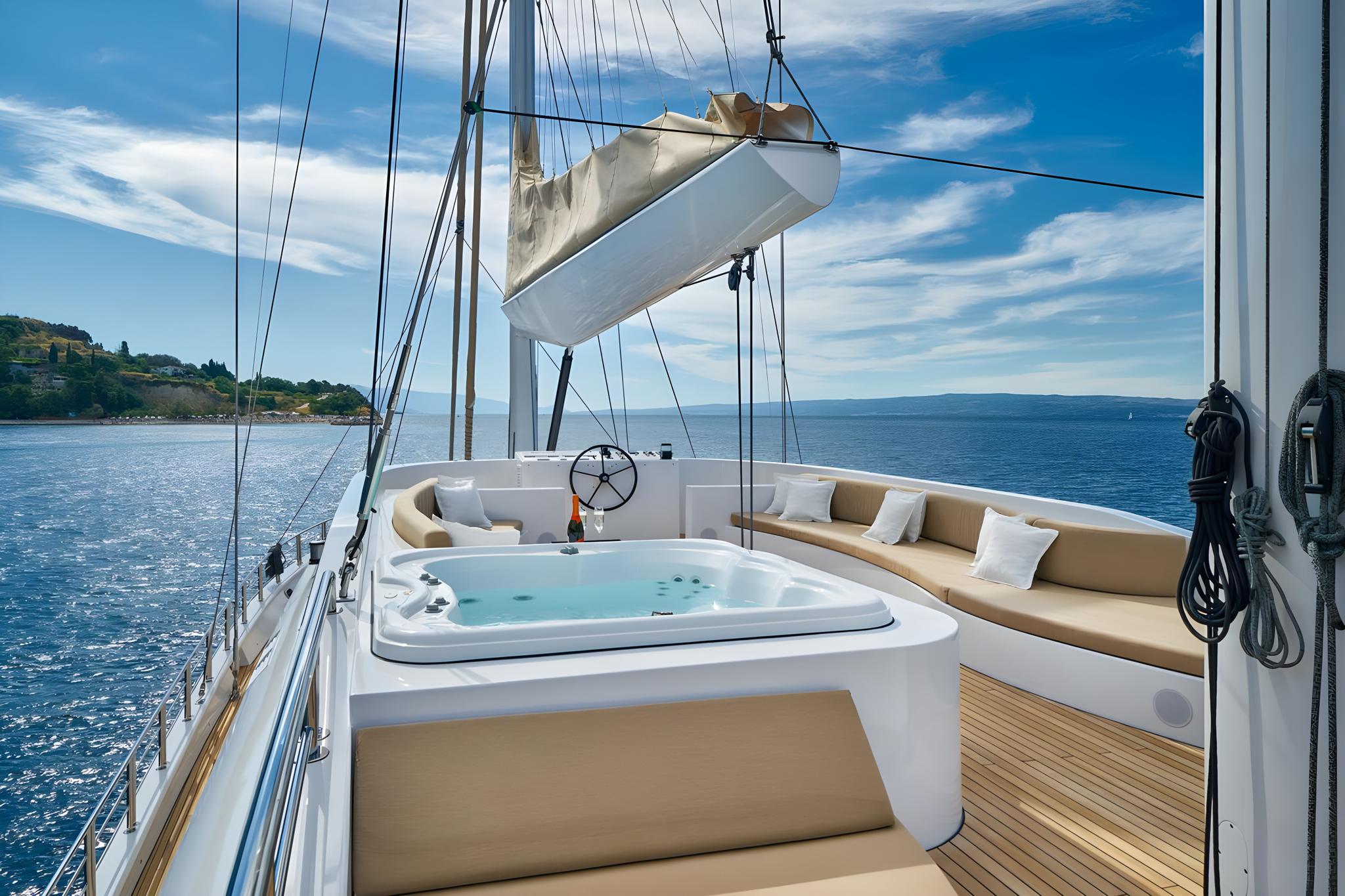 Luxury sailing yacht aft deck featuring white jacuzzi surrounded by cushioned seating