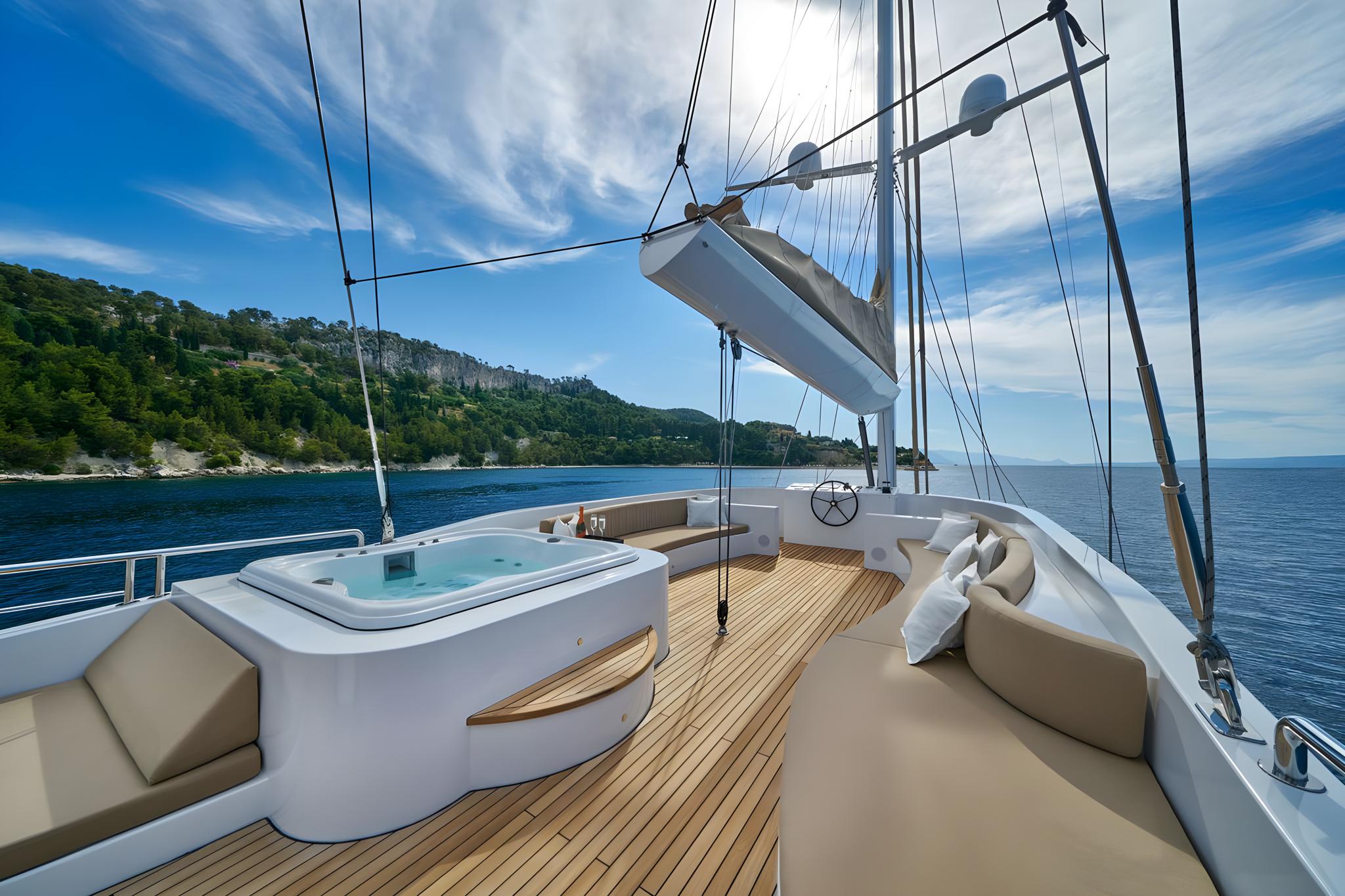 luxury yacht upper deck jacuzzi hot tub teak decking Mediterranean coastline
