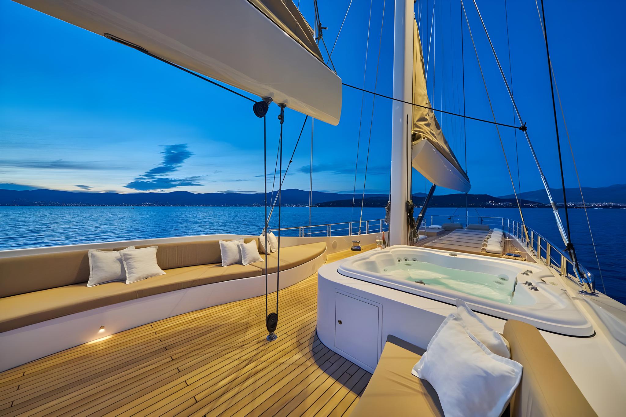 luxury yacht deck jacuzzi hot tub seating area twilight mountain view