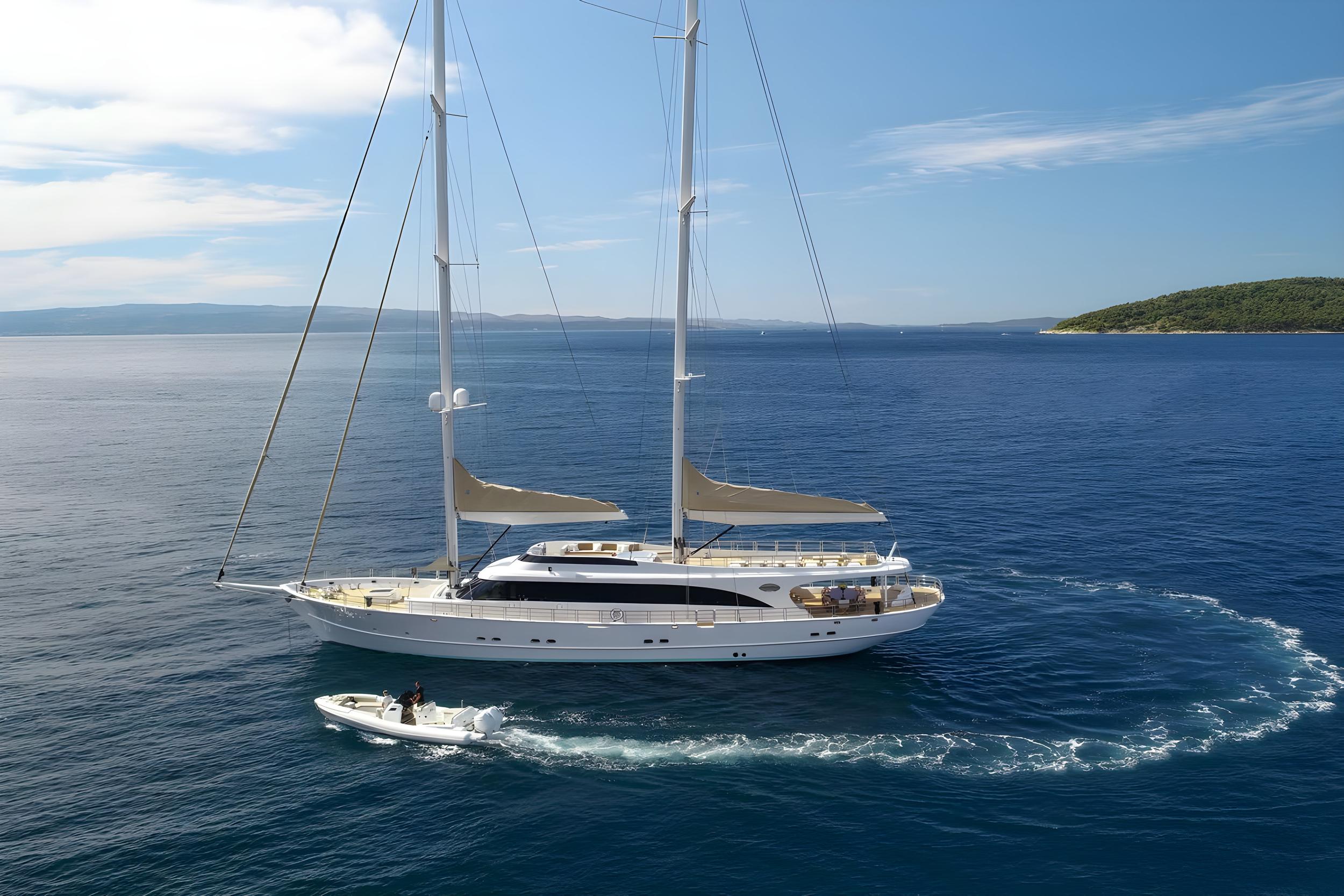 luxury white sailing yacht anchored in blue Mediterranean waters with tender