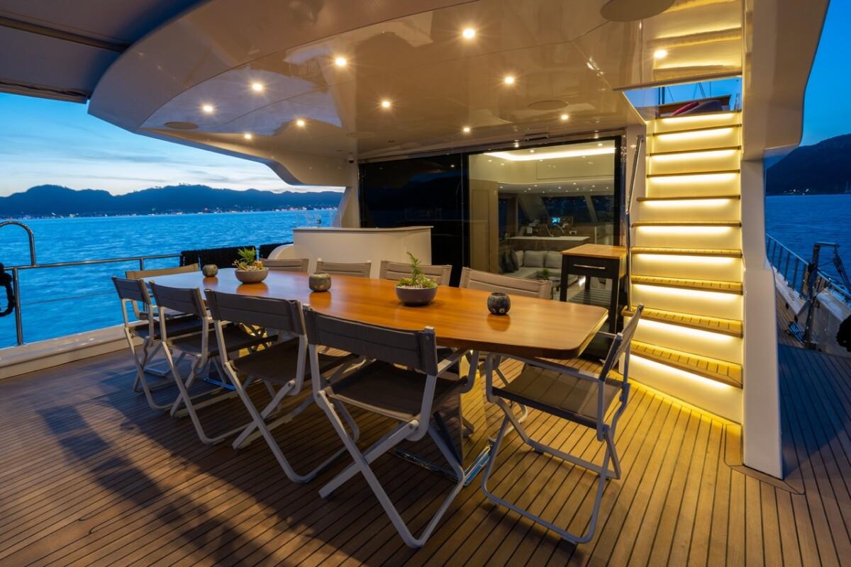 yacht aft deck dining area with wooden table and folding chairs under hardtop